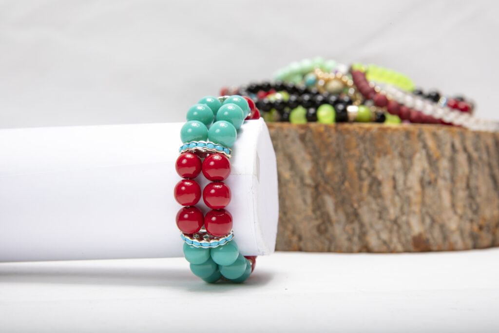 bracelets made by colorful pearls and stones