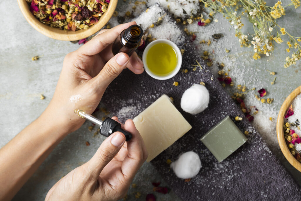 woman using different skincare products